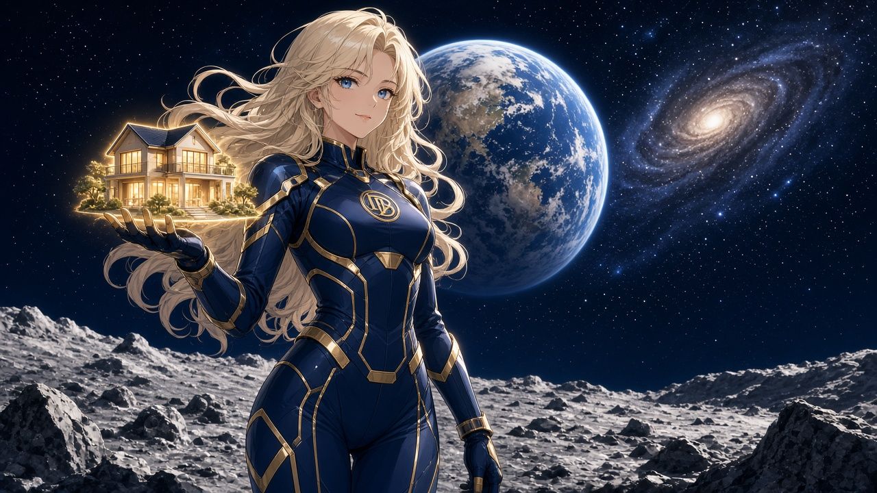 Illustration of the DB Capital mascot, an anime heroine with blonde hair in a navy and gold suit, standing on the Moon and holding a glowing model house, with Earth and a spiral galaxy in the sky behind her.